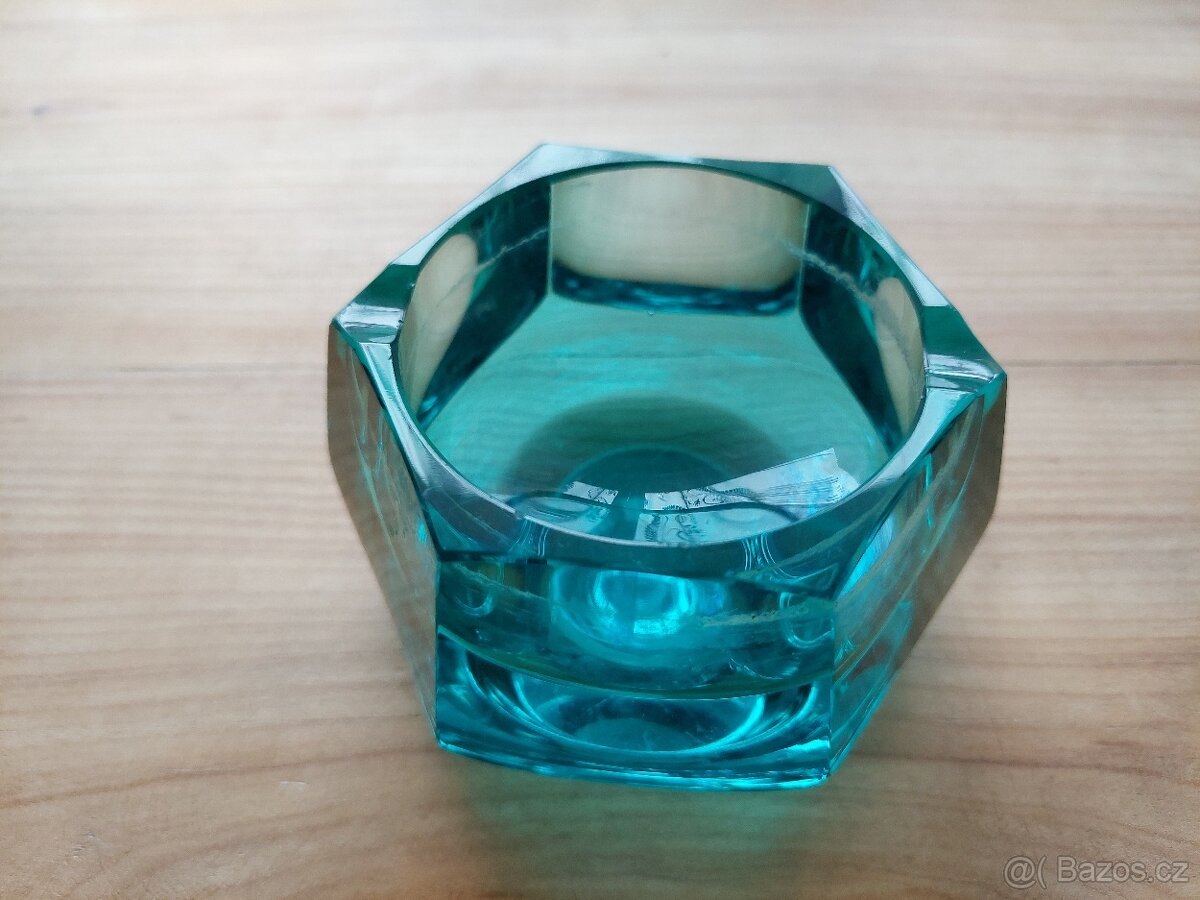 Luxusní skleněná antik váza + mísa + popelník zelené sklo - 15