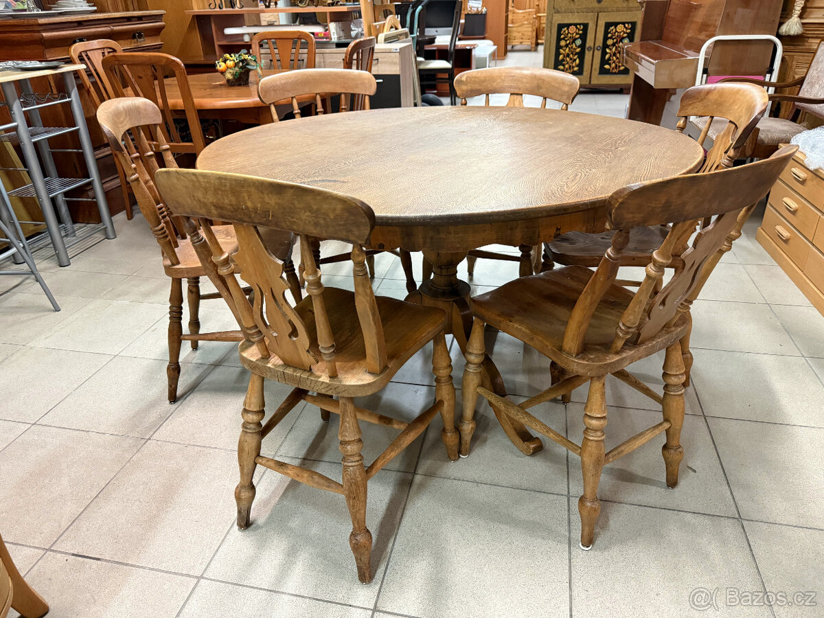 dvakrát historický set dubového stolu a šesti židlí - 15