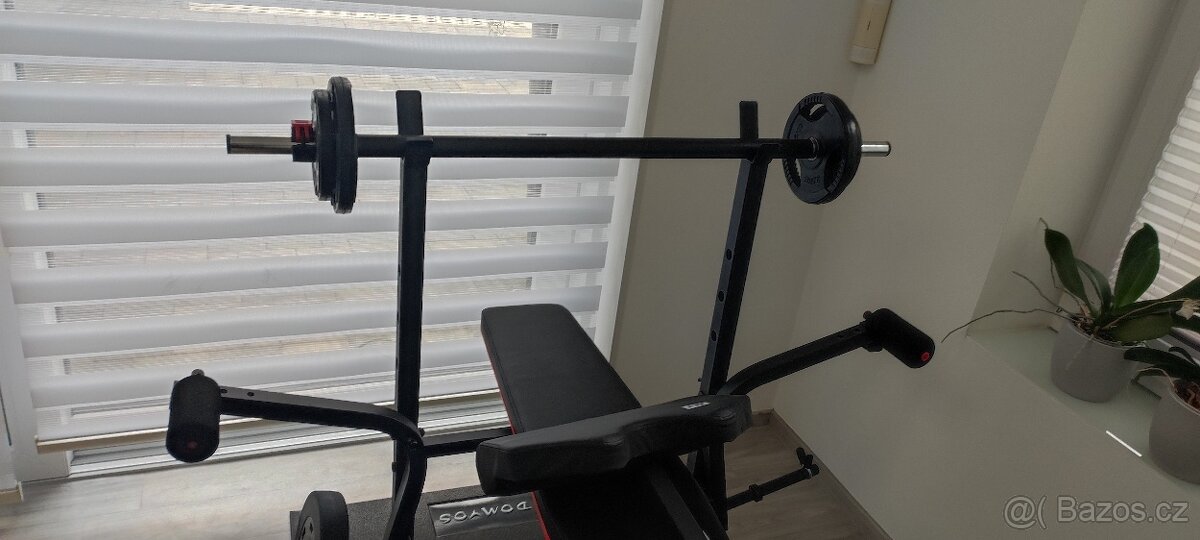 Domácí posilovna - lavice, 2x sada závaží, osa, trenažér aj - 15
