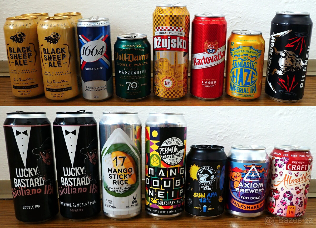 Sběratelské pivní lahve + plechovky: UK,DE,IT,HR,B,DK,GR,USA - 16
