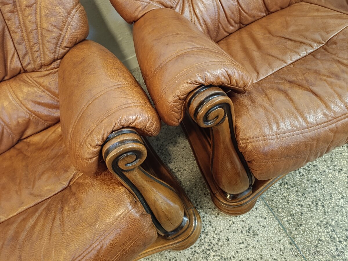 Kožená sedací souprava 3 + 2 + 1, nábytek z masívu - 16