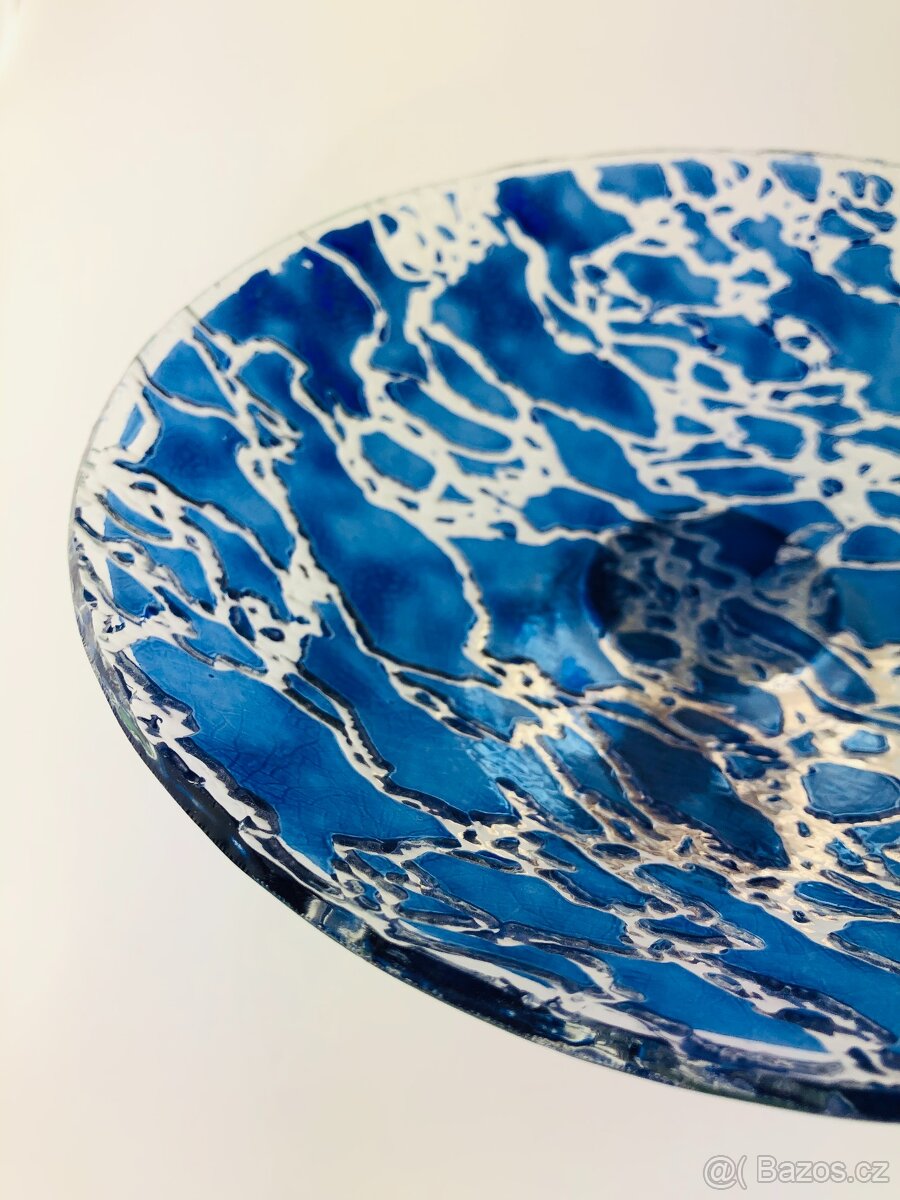 Modrá skleněná umělecká mísa na kovovém podstavci (NP012) - 16