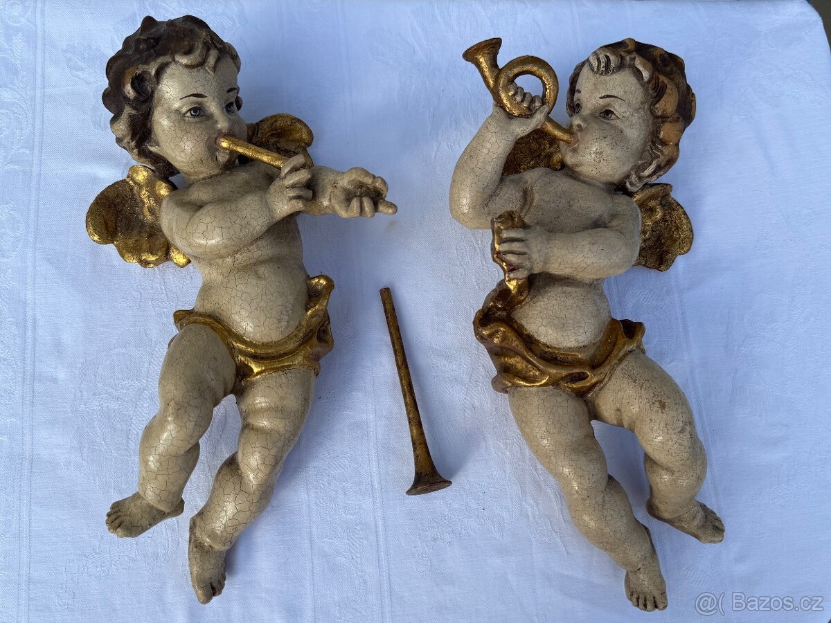 Dřevěná XXL socha anděla v páru polychromie 31cm - 16