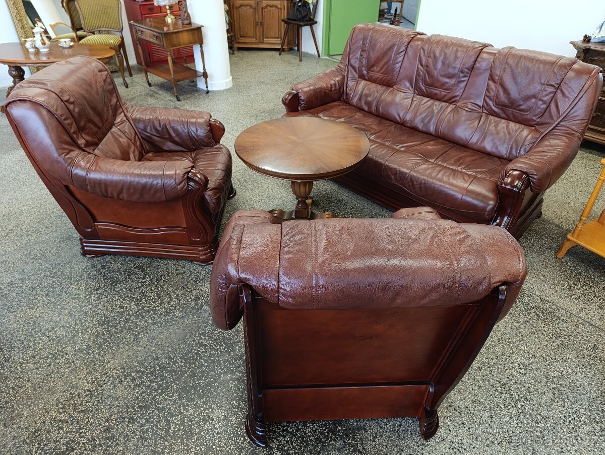 Rozkládací kožená sedací souprava, nábytek z masívu - 16