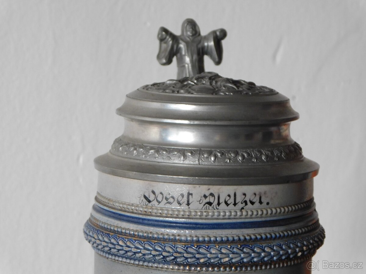 Starožitný historický cyklistický kameninový korbel - bier s - 16