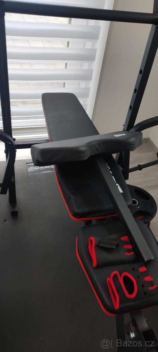 Domácí posilovna - lavice, 2x sada závaží, osa, trenažér aj - 16