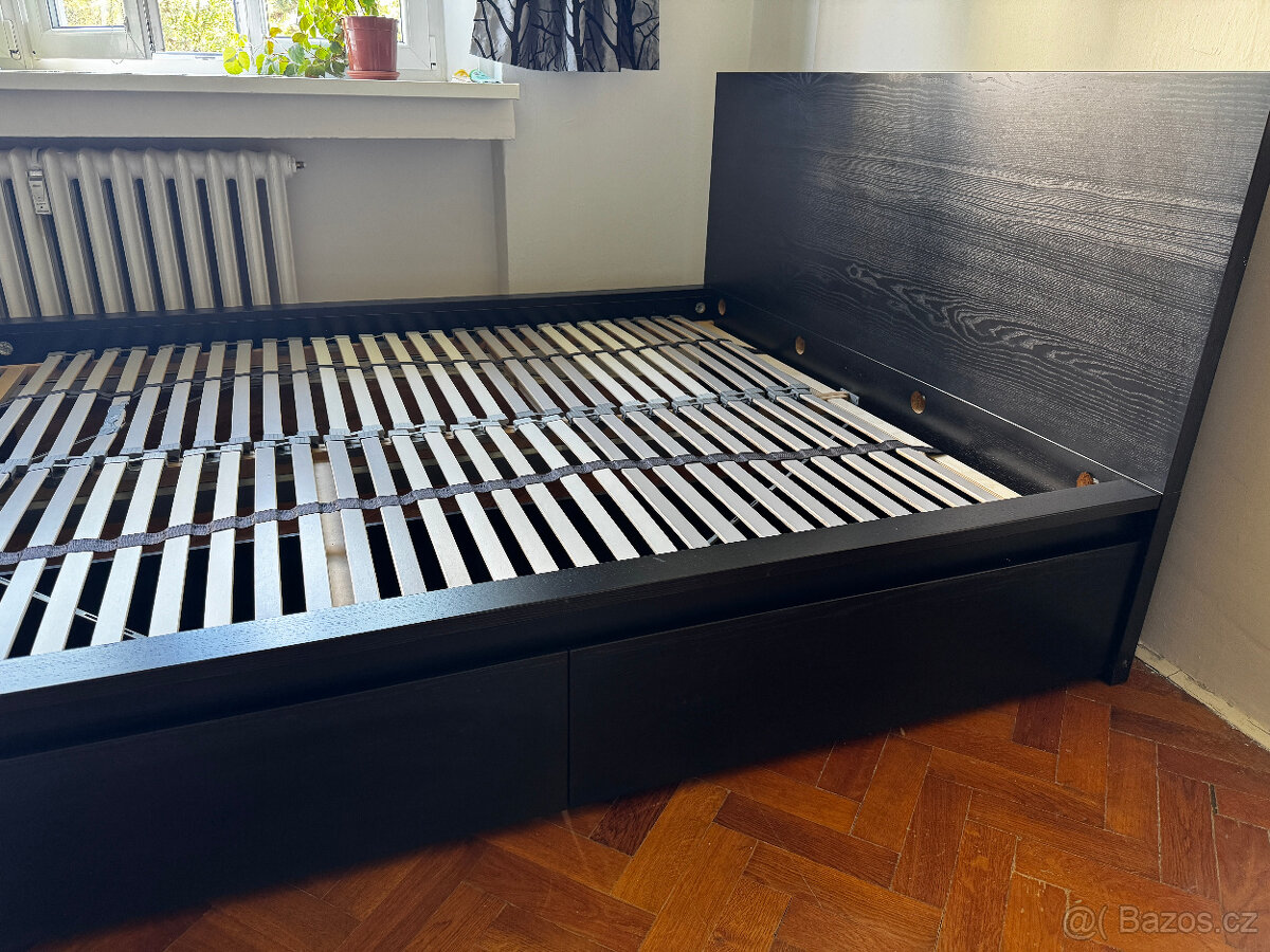 Rám postele, IKEA MALM černohnědá dýha + rošty LÖNSET - 16