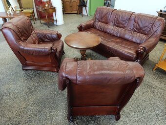 Rozkládací kožená sedací souprava, nábytek z masívu - 16