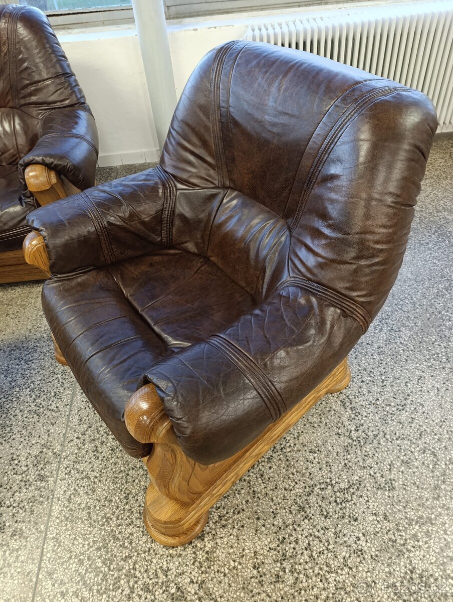 Rustikální kožená sedací souprava, 3 + 2 +1, masív - 17