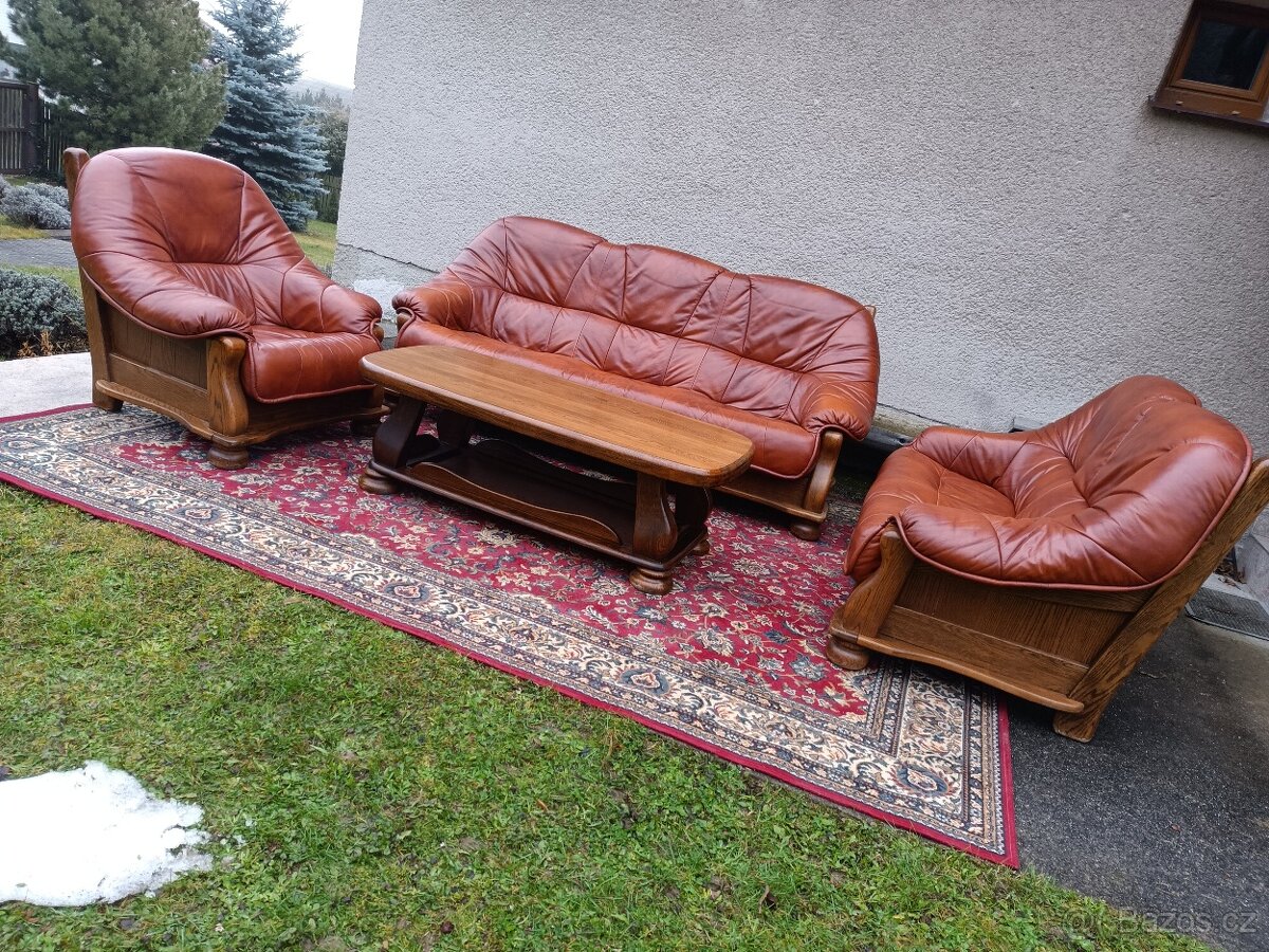 XXL Rustikální kožená sedací souprava 3 - 2 - 1, stolek - 17
