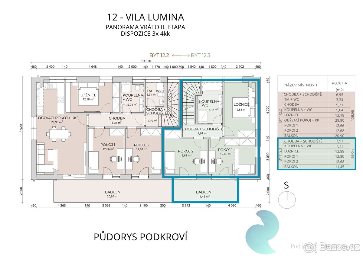 Byt 4+kk, 101,45m2, dvoupodlažní, balkón, terasa, Vráto, okr - 17