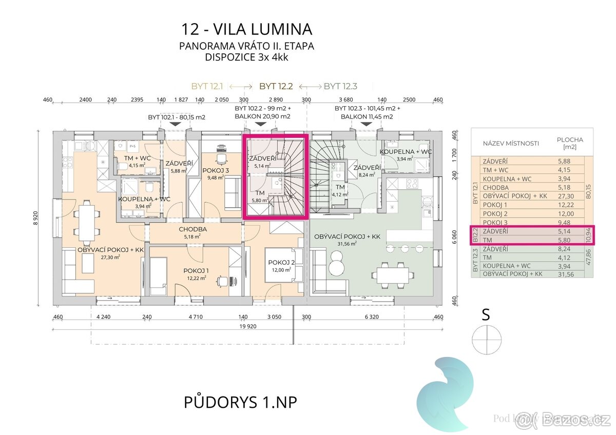 Byt 4+kk, 99m2, balkón 20,9m2, 2 parkovací stání, zahradní d - 17