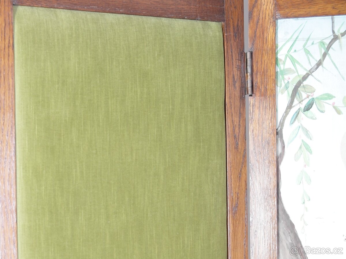 Secesní Dubový Paraván Zástěna Papoušek Ara Restaurováno - 17