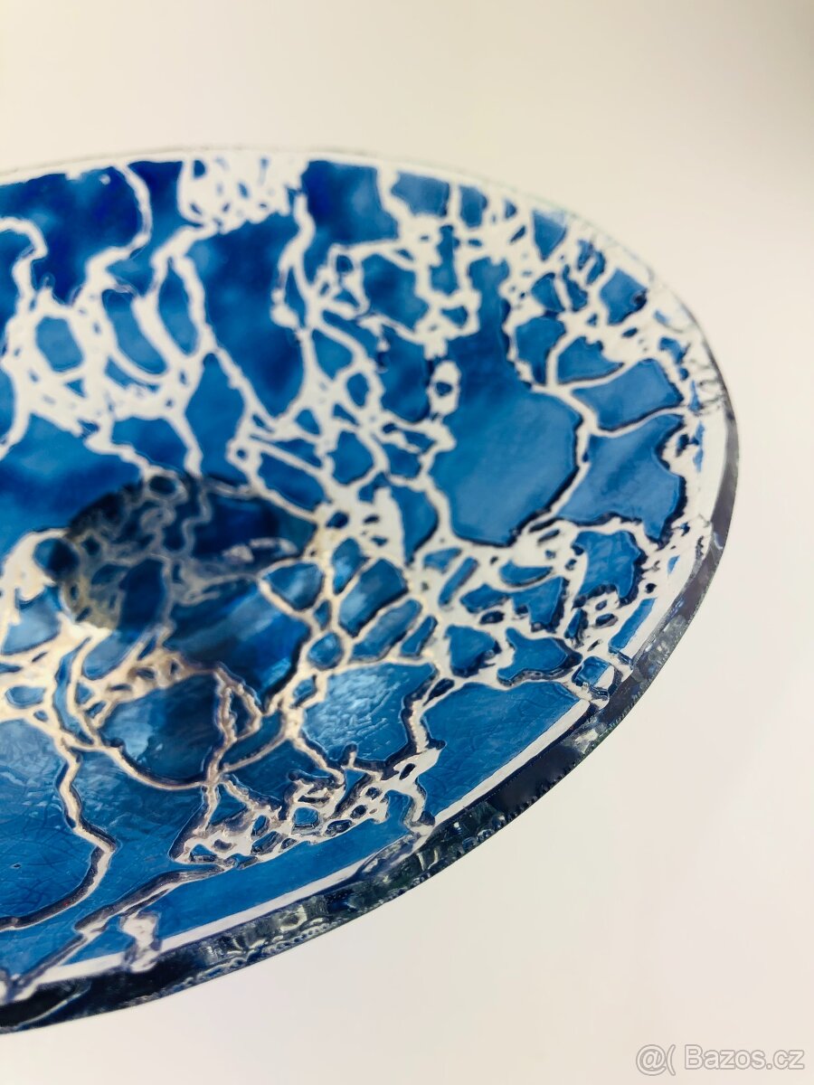 Modrá skleněná umělecká mísa na kovovém podstavci (NP012) - 17