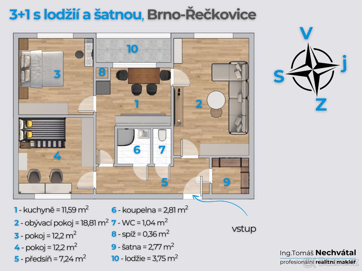 Prodej bytu 3+1 se šatnou a lodžií - BRNO-ŘEČKOVICE - 17