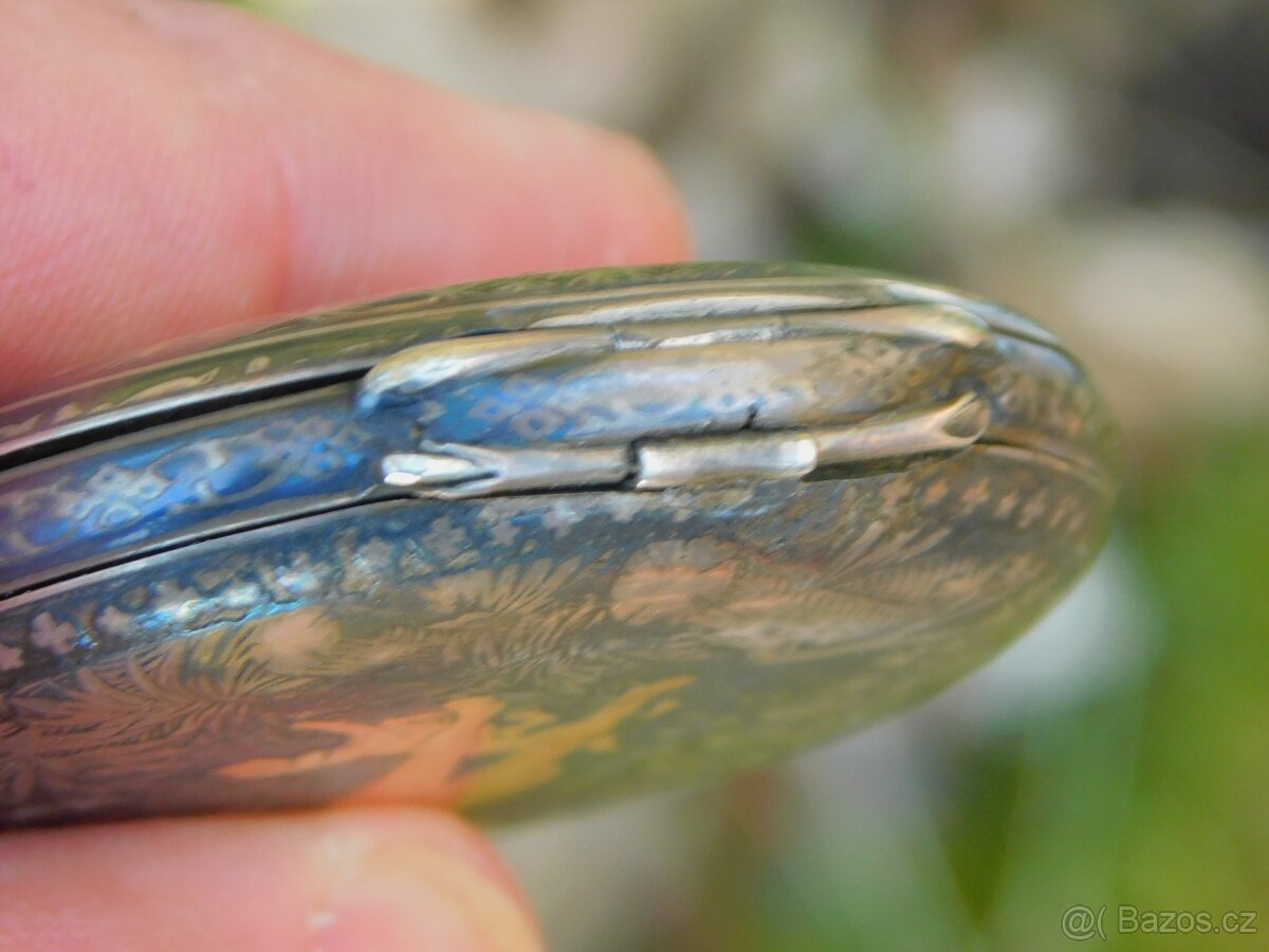 Starožitné stříbrné tulové kapesní hodinky myslivecký motiv - 17