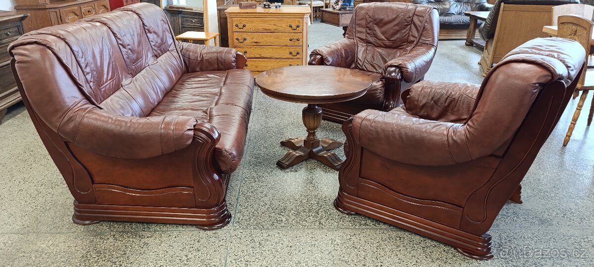 Rozkládací kožená sedací souprava, nábytek z masívu - 17