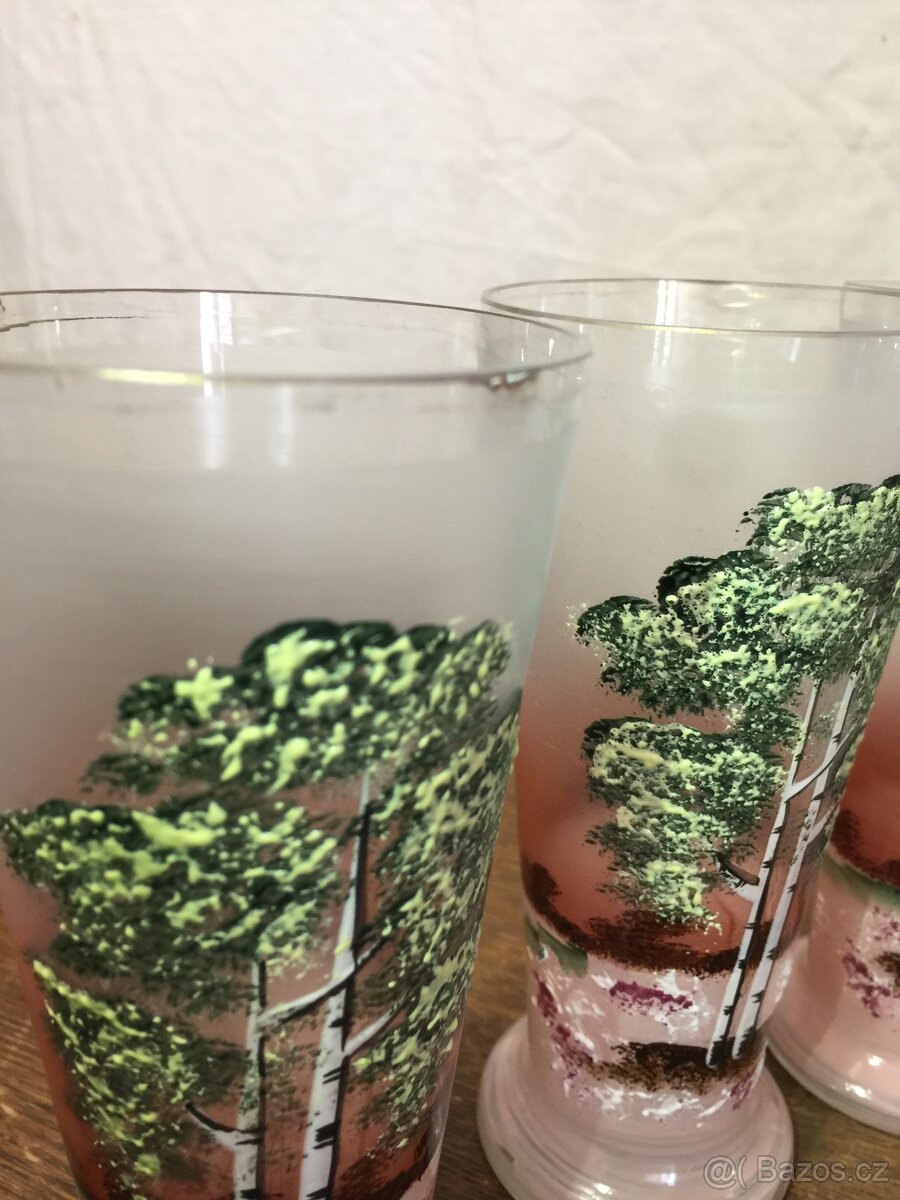 starožitná souprava malovaného skla džbán a sklenice - 17