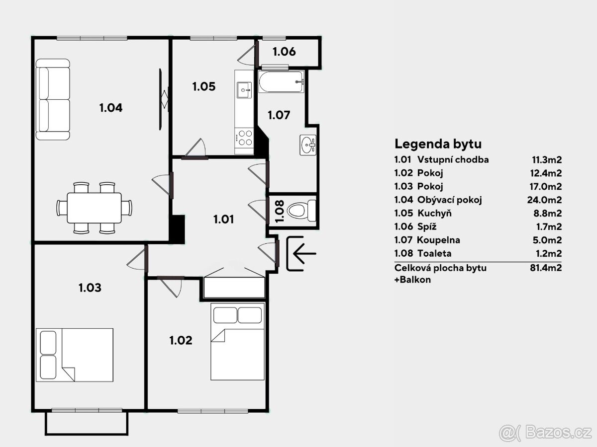 Prostorný Byt 3+1 81,4m2 OV Hodonín - 17
