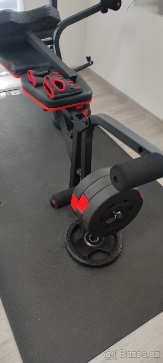 Domácí posilovna - lavice, 2x sada závaží, osa, trenažér aj - 17