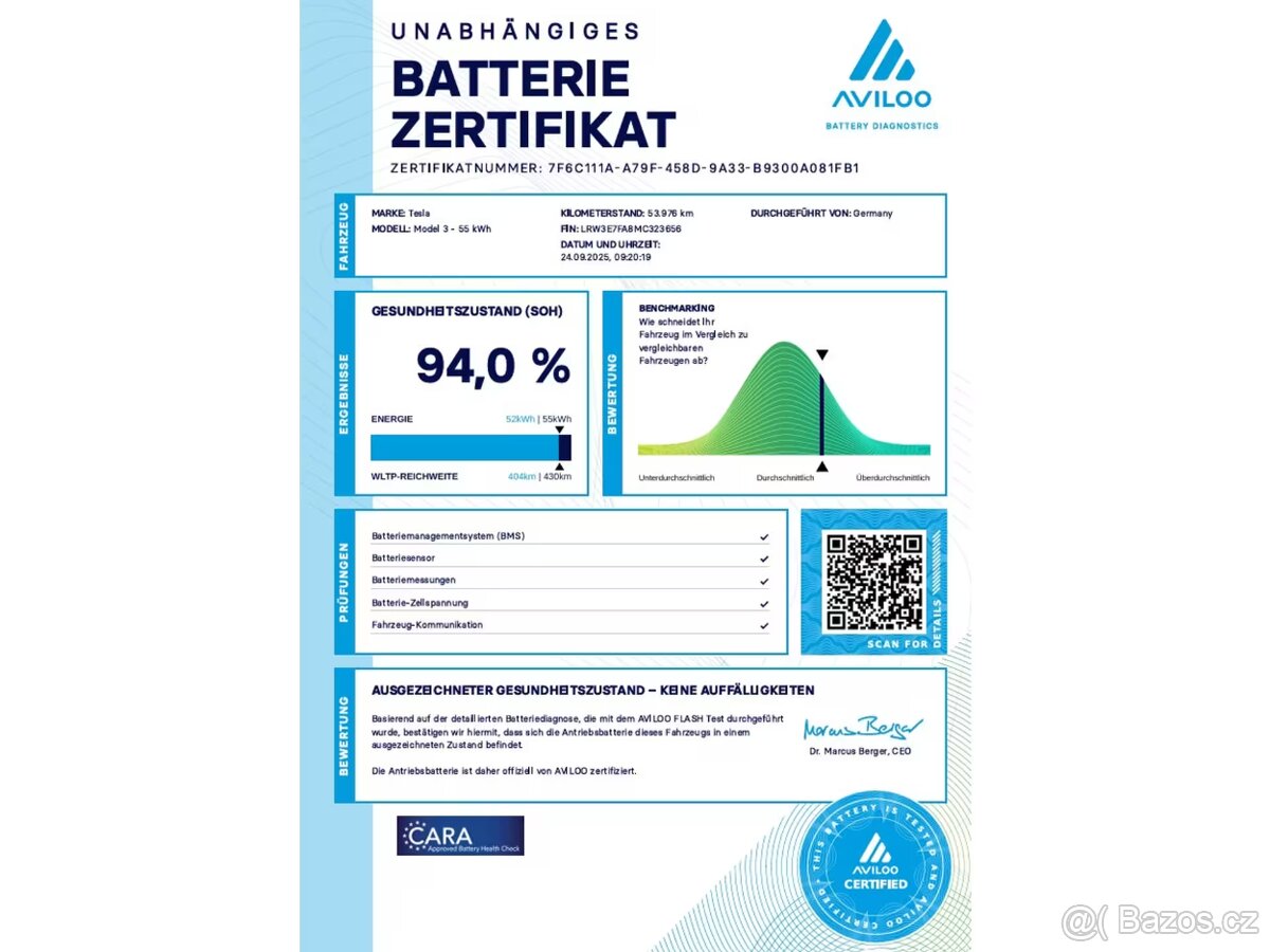 Tesla Model 3 Standard Range Plus 239 kW SOH 94,0% (ODPOČET - 17