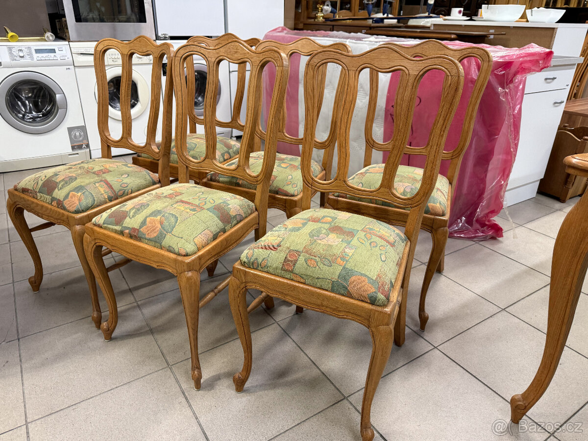 Intarzovaný dubový stůl a šest dubových židlí - 18