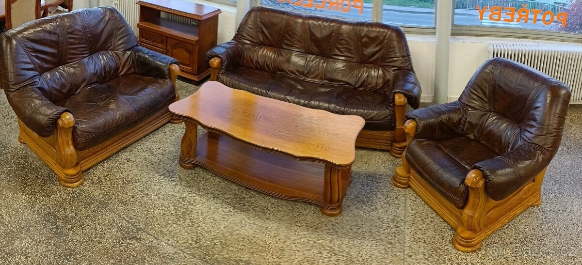 Rustikální kožená sedací souprava, 3 + 2 +1, masív - 18