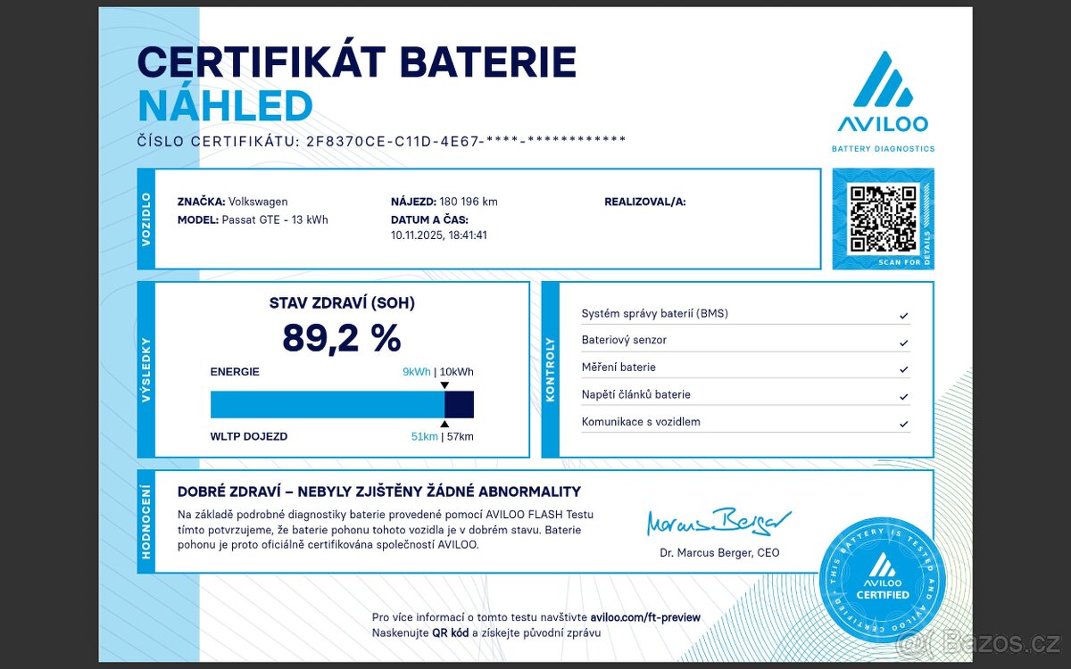 Volkswagen Passat B8 GTE, PHEV, DPH, bohatá výbava,SOH 89.2% - 18