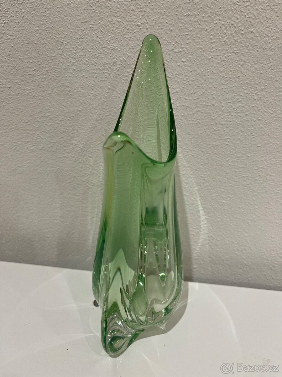 Hutní sklo - zelená váza, popelník a košíček - 18