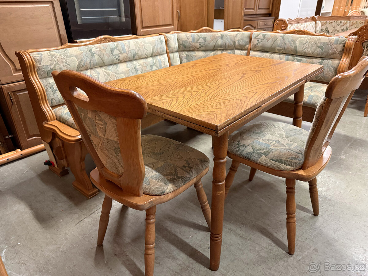 Dvakrát dubová jídelní lavice + stůl a židle - 18