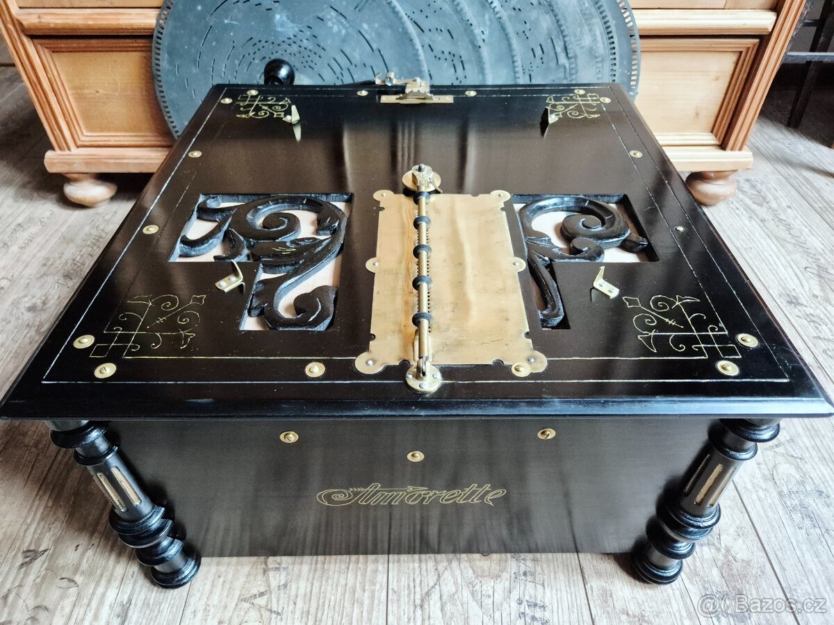 Velký starožitný hrací stroj, flašinet na kliku Amorette - 18