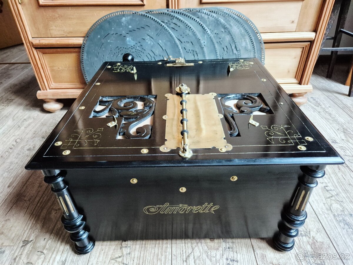 Velký starožitný hrací stroj, flašinet na kliku Amorette - 18