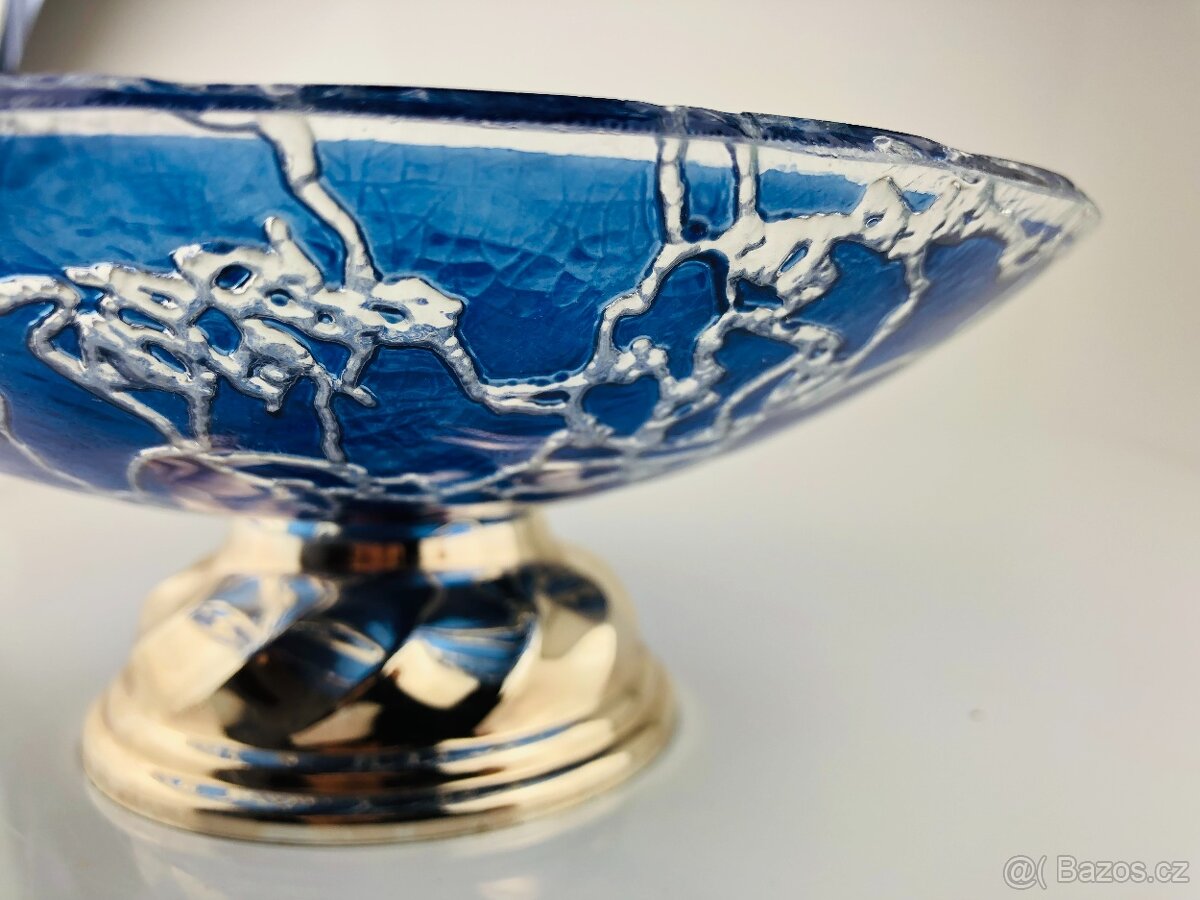 Modrá skleněná umělecká mísa na kovovém podstavci (NP012) - 18