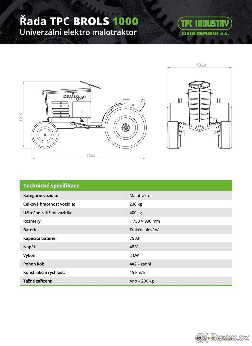 Elektrický traktor BROLS 1000 2KW, TOP STAV - 18
