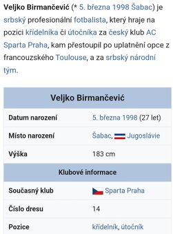 VELJKO BIRMANČEVIĆ (AC SPARTA PRAHA) - prodám originální - 18