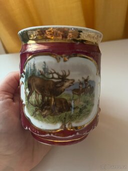 Starý hrnek - kafáč 3 ks; motivy - koně, krávy, jelen, srny - 18