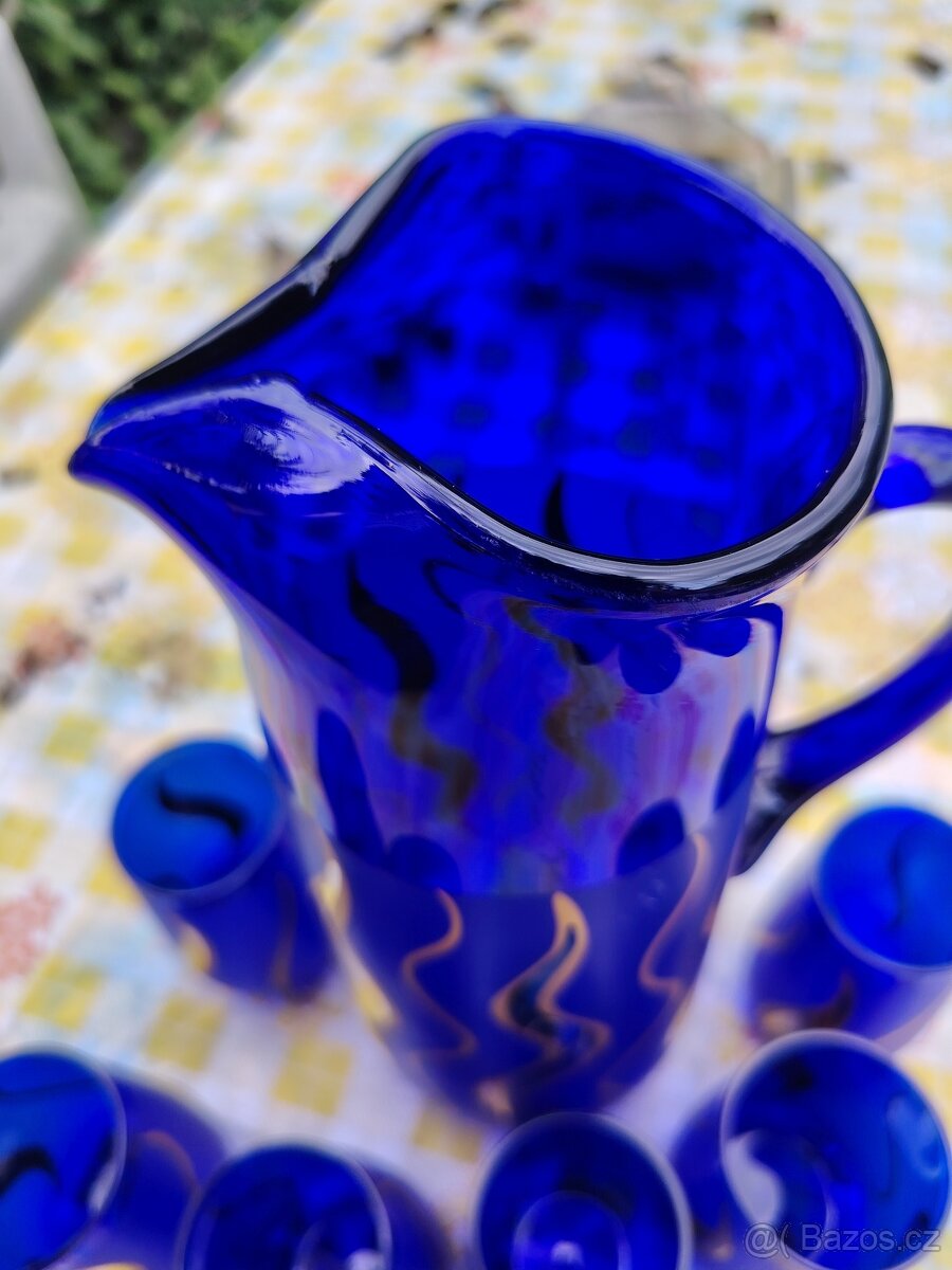 Modrý skleněný džbán a 6 skleniček - 19