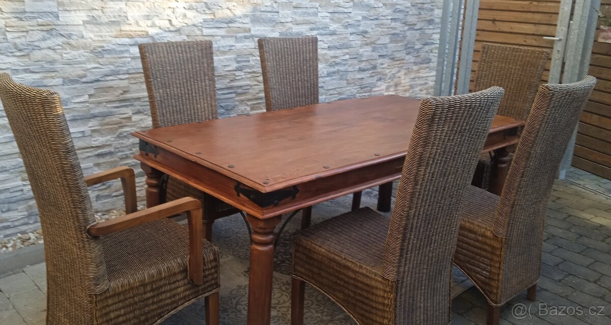 Jídelní masivní dřevěný stůl palisandr+6 ratanových židlí - 19