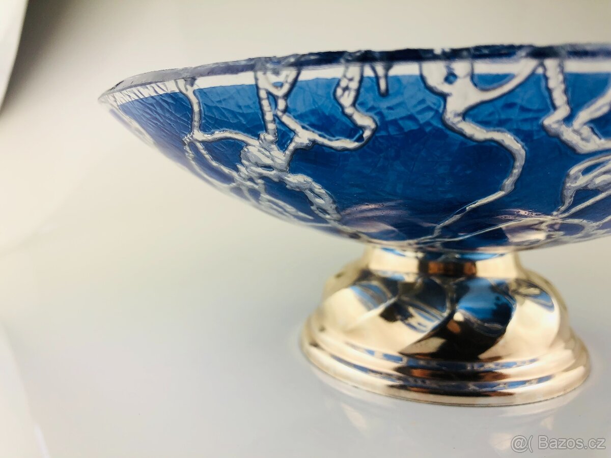 Modrá skleněná umělecká mísa na kovovém podstavci (NP012) - 19