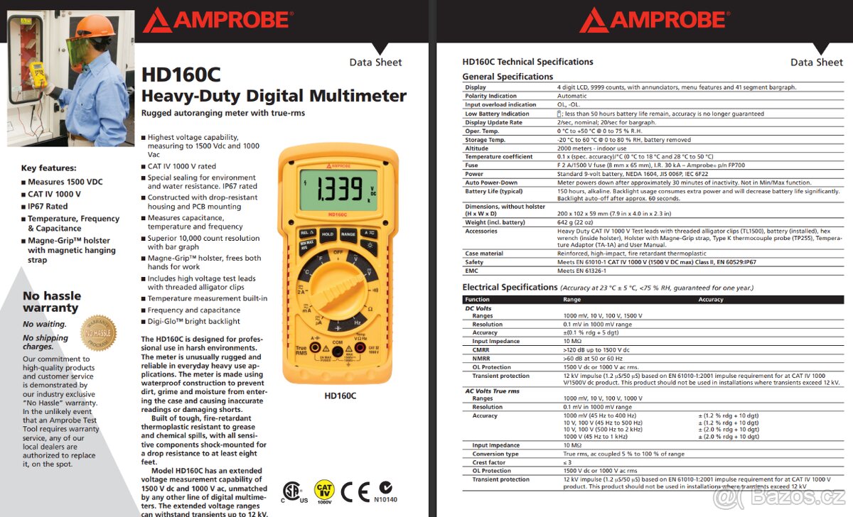 Nerozbitný multimetr AMPROBE HD160C (až 1500 V DC) pro FVE - 19