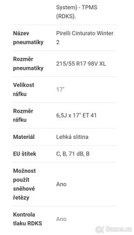 Zimní alu kola s TPMS senzory tlaku ŠKODA TRITON 215/55 R17 - 19