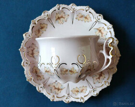 Růžový porcelán - cukřenka, nástolec, 2 šálky s podšálky