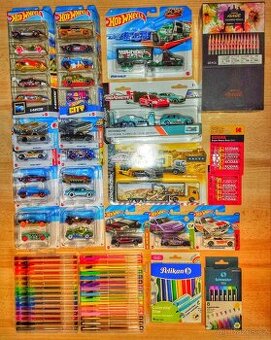 28x majorette a hot wheels autíčka, pastelky, fixy