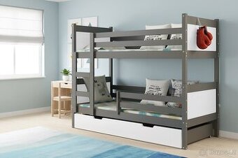 NOVÁ Patrová postel palanda grafit bílá MASIV + 2x MATRACE