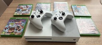 Xbox One S, dva ovladače, hry