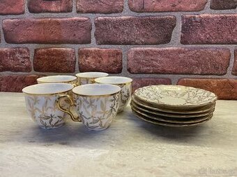 Stará porcelánová sada Thun – 5 hrnků + 5 talířků, ruční zla