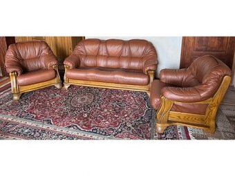 Kožená sedací souprava v kombinaci se dřevem, 3+1+1,3791