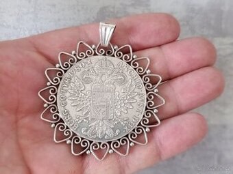 Velká stříbrná mince - tolar, stříbro, ag, zdobený přívěšek