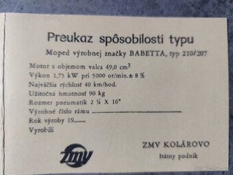 Kartička Babetta 207, 210 techničák