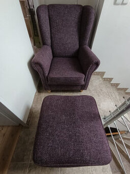 Křeslo ušák s taburetem - vínové (fialové)